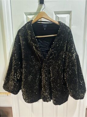 Kaari Blue Black Gold Sequined Jacket 3/4 Sleeves XL